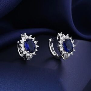 Diana Engagement Ring Oval Cut Sapphire Compass Set Hoop Blue Silver Earrings